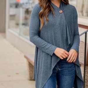 Bobeau Gray Drape Sweater with Button Detail
